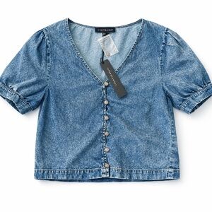 Jane + Delancey Denim Top Women’s Small Blue V-Neck Button Puff Sleeve Blouse